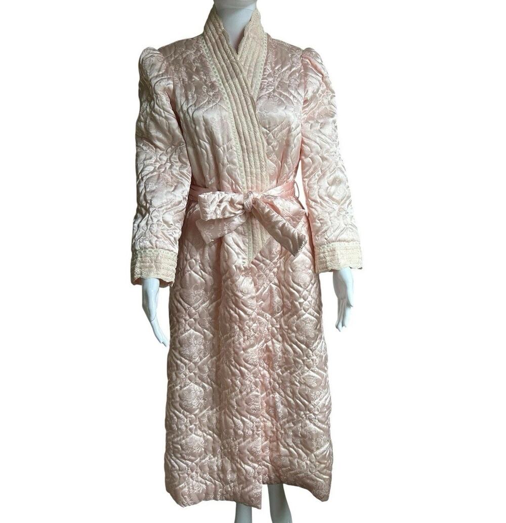 Vintage Christian Dior Lingerie Pink Quilted Satin Lace Maxi Robe Belted P